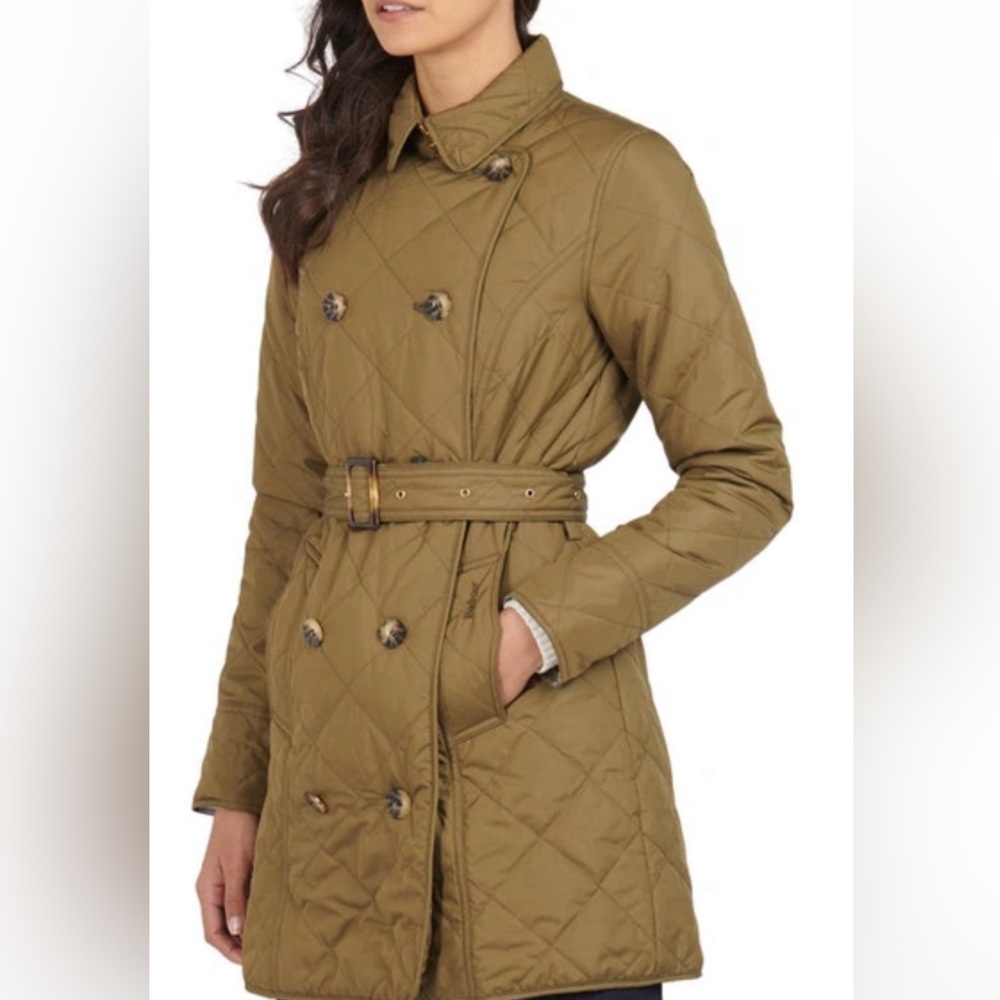 Barbour Fairsfield Quilt Tartan Trench Coat Belted Olive Green, Size 4